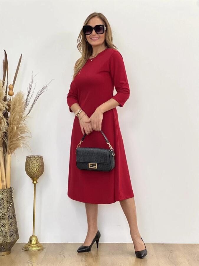 Kadın Uzun Truvakar Kol Bisiklet Yaka Midi Modal Elbise - 6