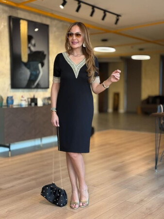 Kadın V Yaka Güpürlü İki İplik Elbise - 3