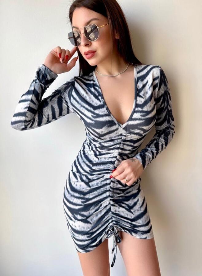 Kadın V Yaka önü Asansör Büzgü Detay Fırsat ürün Zebra Mini Elbise - 1