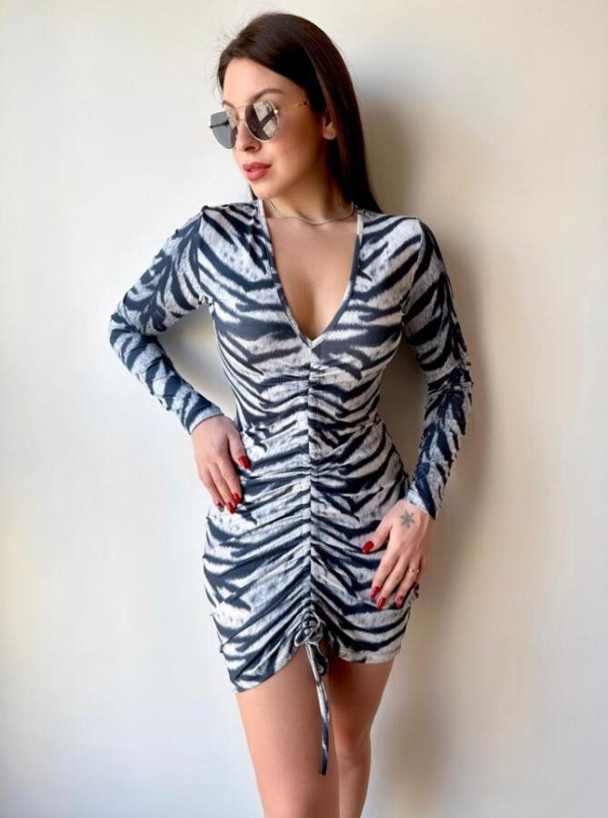 Kadın V Yaka önü Asansör Büzgü Detay Fırsat ürün Zebra Mini Elbise - 2