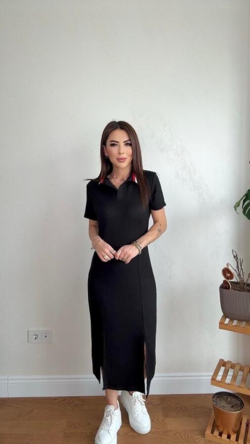 Kadın Yaka Ribanalı Çift Yırtmaçlı Elbise - 9