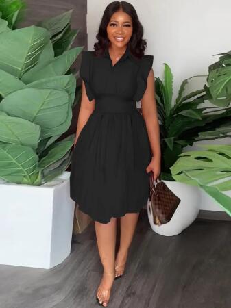 Kadın Yakalı Belden Oturmalı önden Büzgülü Dokuma Mini Elbise - 3