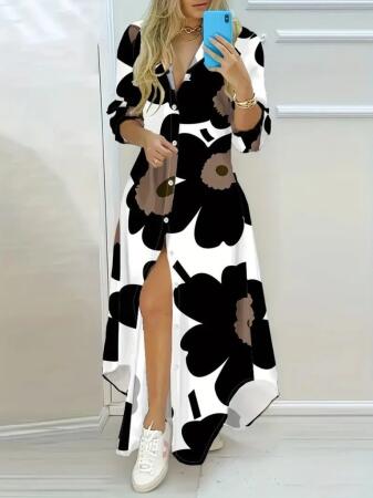 Kadın Yakalı önden Düğmeli çiçek Desenli Uzun Süprem Elbise - ANGELINO BuyukBedeniz (1)