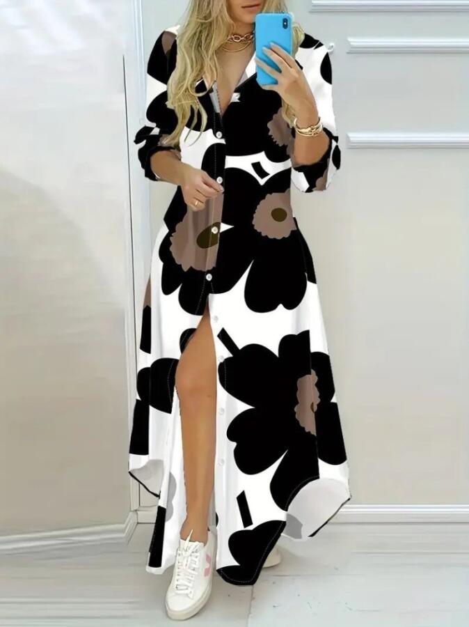 Kadın Yakalı önden Düğmeli çiçek Desenli Uzun Süprem Elbise - 2