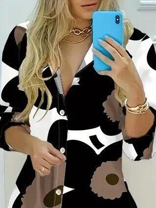 Kadın Yakalı önden Düğmeli çiçek Desenli Uzun Süprem Elbise - 3