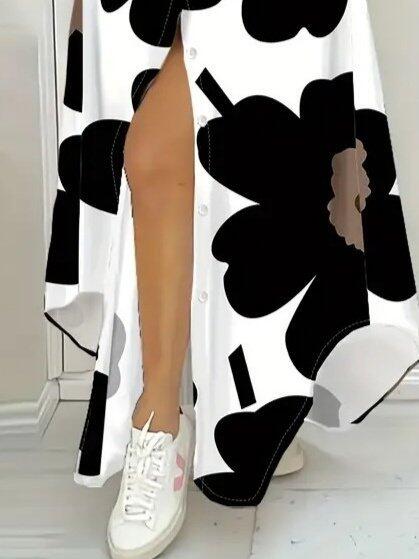 Kadın Yakalı önden Düğmeli çiçek Desenli Uzun Süprem Elbise - 4