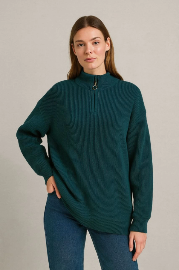 KADIN Yarım Fermuarlı Triko Kazak – Selanik Örgü, Dik Yaka, Pamuklu Dokuma, Oversize Uzun Kollu Kışlık Model - Haki - 2