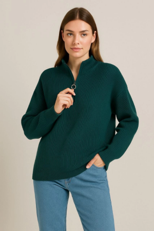 KADIN Yarım Fermuarlı Triko Kazak – Selanik Örgü, Dik Yaka, Pamuklu Dokuma, Oversize Uzun Kollu Kışlık Model - Haki - ANGELINO BuyukBedeniz