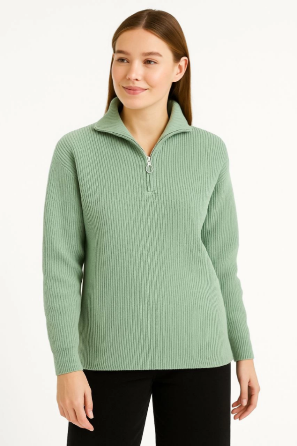 KADIN Yarım Fermuarlı Triko Kazak – Selanik Örgü, Dik Yaka, Pamuklu Dokuma, Oversize Uzun Kollu Kışlık Model - Mint Yeşili - 2