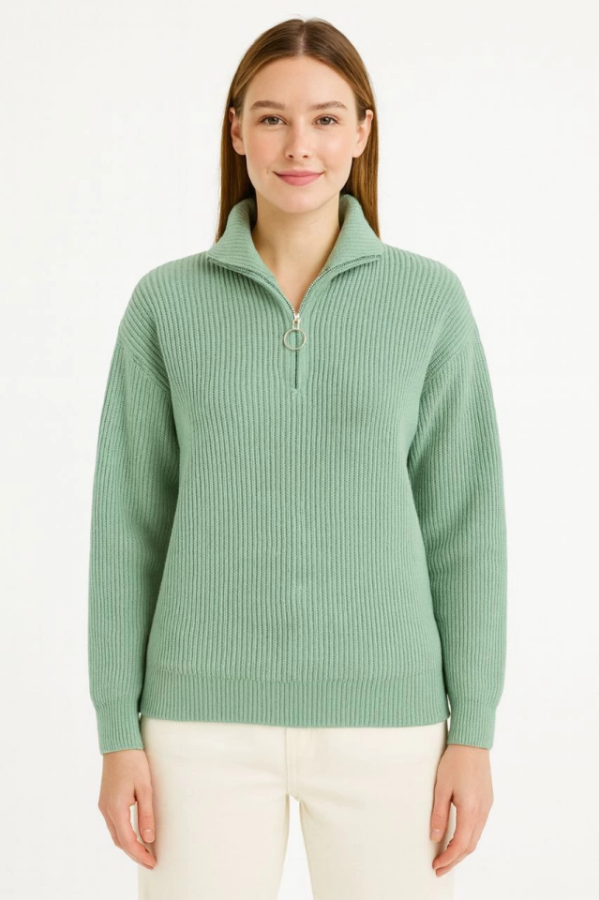 KADIN Yarım Fermuarlı Triko Kazak – Selanik Örgü, Dik Yaka, Pamuklu Dokuma, Oversize Uzun Kollu Kışlık Model - Mint Yeşili - 3