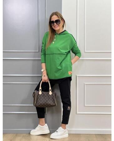 Kadın Yeşil Kapşonlu Etek Ucu Detay Arma Ters Dikiş Gorunumlu Ikili Takım - 3