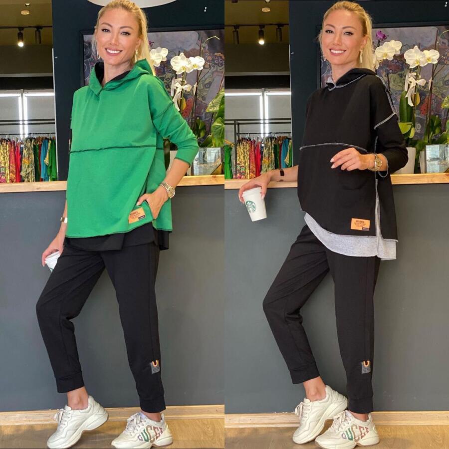 Kadın Yeşil Kapşonlu Etek Ucu Detay Arma Ters Dikiş Gorunumlu Ikili Takım - 4