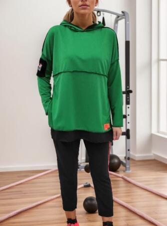 Kadın Yeşil Kapşonlu Etek Ucu Detay Arma Ters Dikiş Gorunumlu Ikili Takım - 10