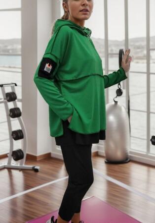 Kadın Yeşil Kapşonlu Etek Ucu Detay Arma Ters Dikiş Gorunumlu Ikili Takım - 11