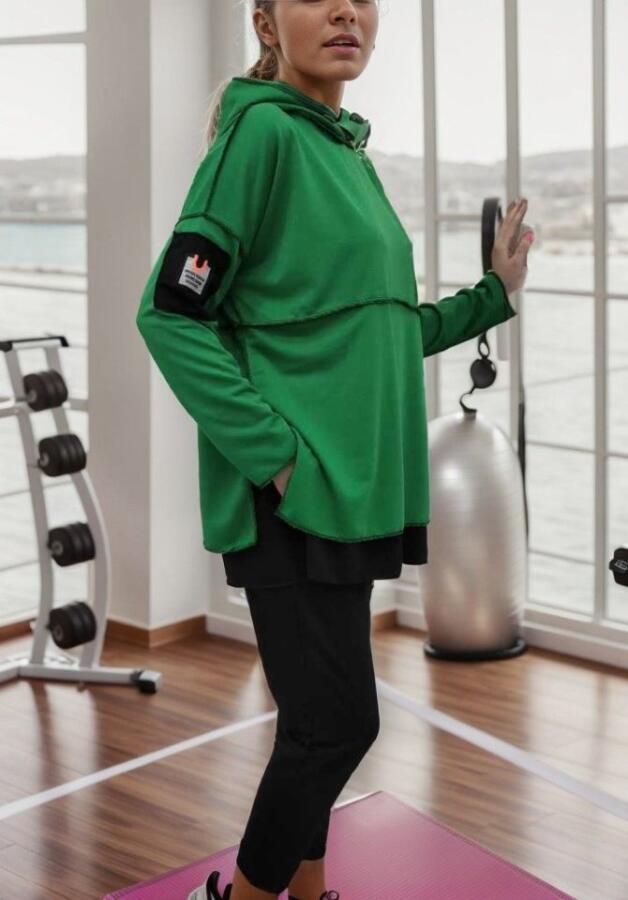 Kadın Yeşil Kapşonlu Etek Ucu Detay Arma Ters Dikiş Gorunumlu Ikili Takım - 11