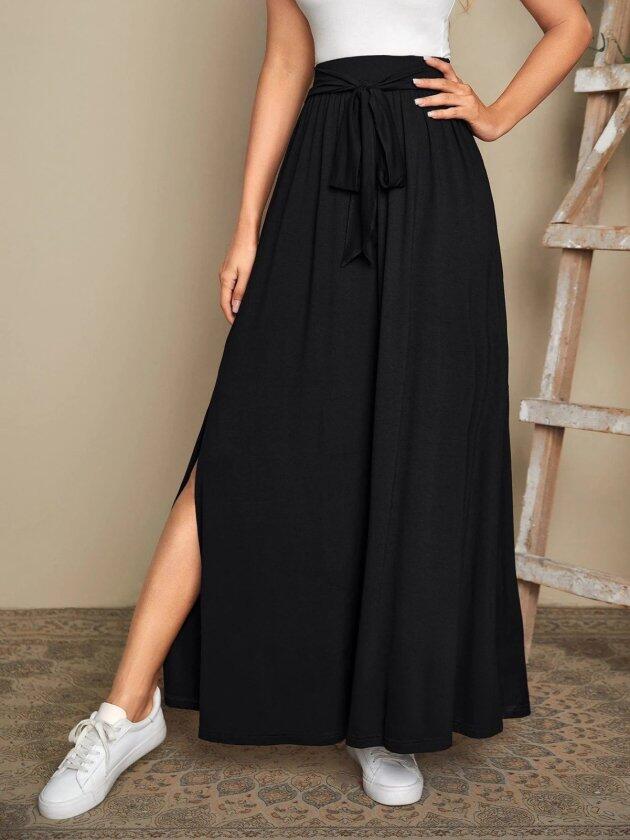 Kadın Yüksek Bel Bei Kuşaklı Yandan Yırtmaçlı Uzun Sandy Etek - 1