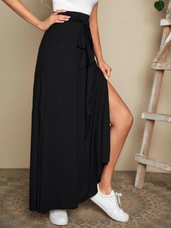 Kadın Yüksek Bel Bei Kuşaklı Yandan Yırtmaçlı Uzun Sandy Etek - 3