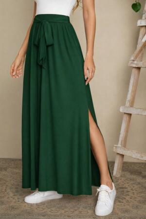 Kadın Yüksek Bel Bei Kuşaklı Yandan Yırtmaçlı Uzun Sandy Etek - ANGELINO BuyukBedeniz (1)