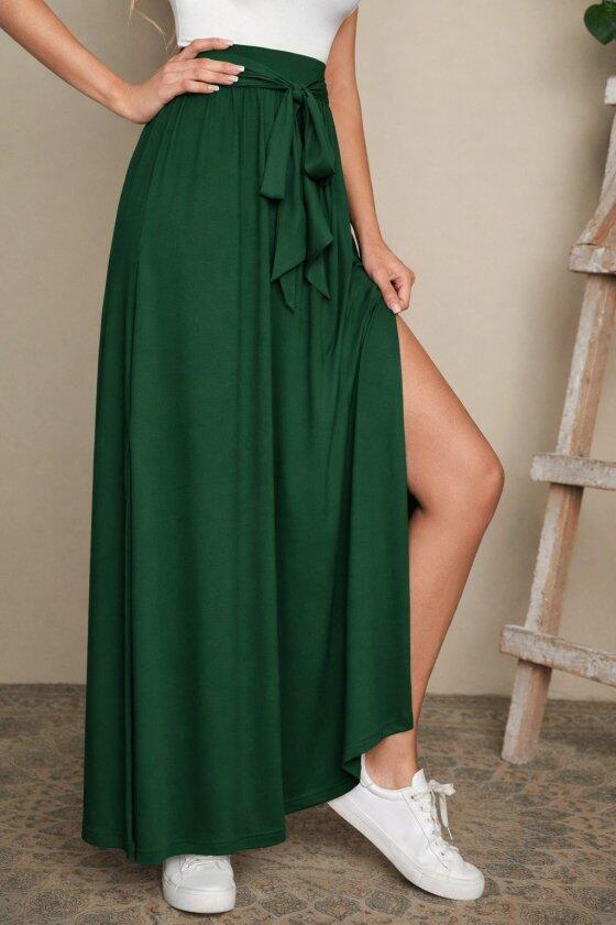 Kadın Yüksek Bel Bei Kuşaklı Yandan Yırtmaçlı Uzun Sandy Etek - 3