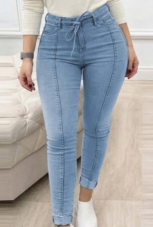 Kadın Yüksek Bel Belden Kuşaklı Yırtık Detaylı Kot Pantolon - 1