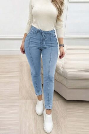 Kadın Yüksek Bel Belden Kuşaklı Yırtık Detaylı Kot Pantolon - 2