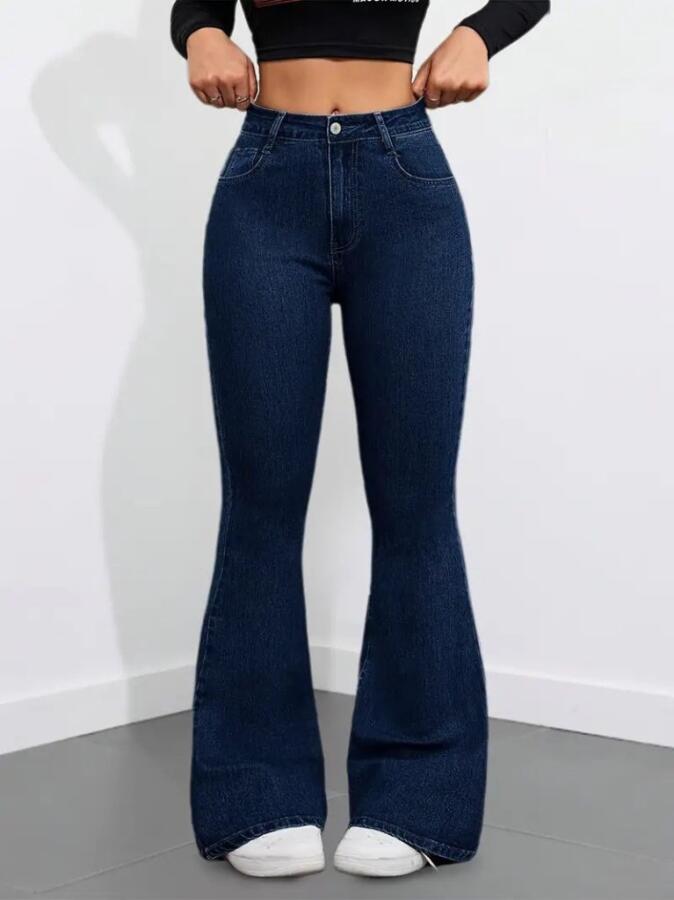 Kadın Yüksek Bel Cepli İspanyol Paçalı Kot Pantolon - 3