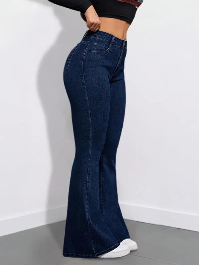 Kadın Yüksek Bel Cepli İspanyol Paçalı Kot Pantolon - 4