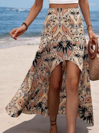 Kadın Yüksek Bel çiçek Desenli önü Asimetrik Detaylı Uzun Süprem Etek - 4