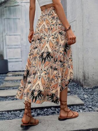 Kadın Yüksek Bel çiçek Desenli önü Asimetrik Detaylı Uzun Süprem Etek - 6