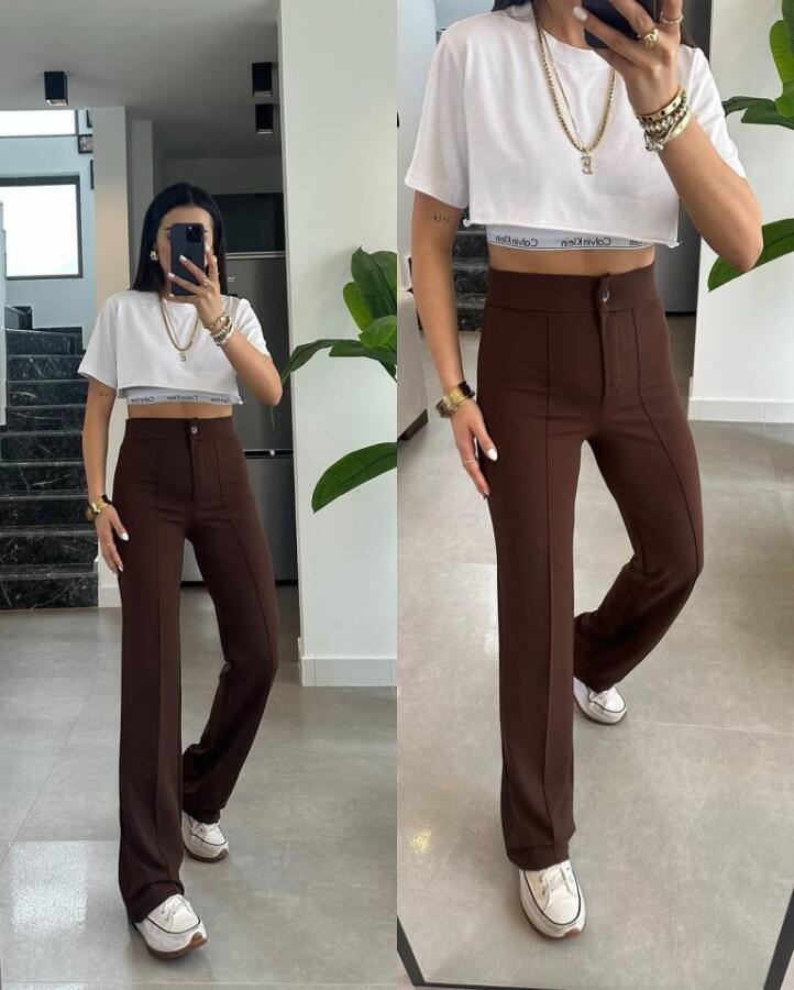 Kadın Yüksek Bel Full Likralı Krep Kumaş Pantolon - 7