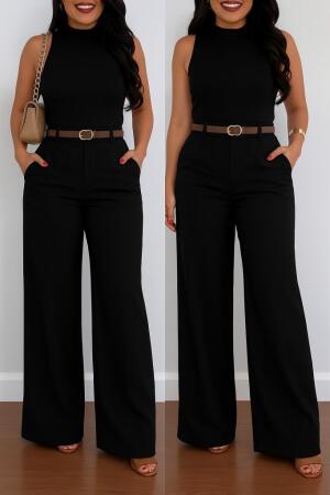 Kadın Yüksek Bel Geniş Paça Detaylı Cepli Ithal Krep Pantolon - 1