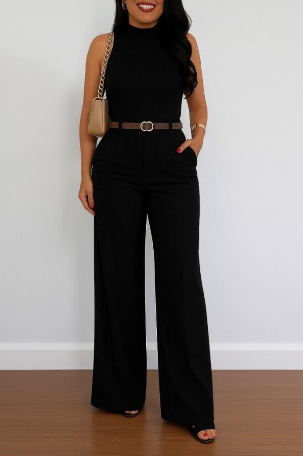 Kadın Yüksek Bel Geniş Paça Detaylı Cepli Ithal Krep Pantolon - 2