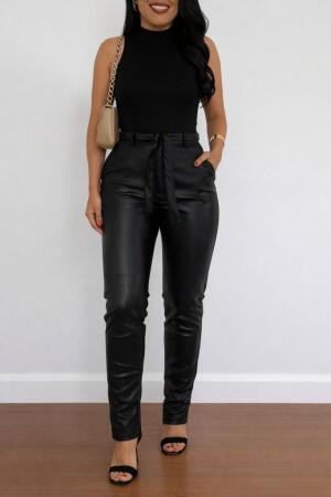 Kadın Yüksek Bel Kuşaklı Deri Pantolon - 2