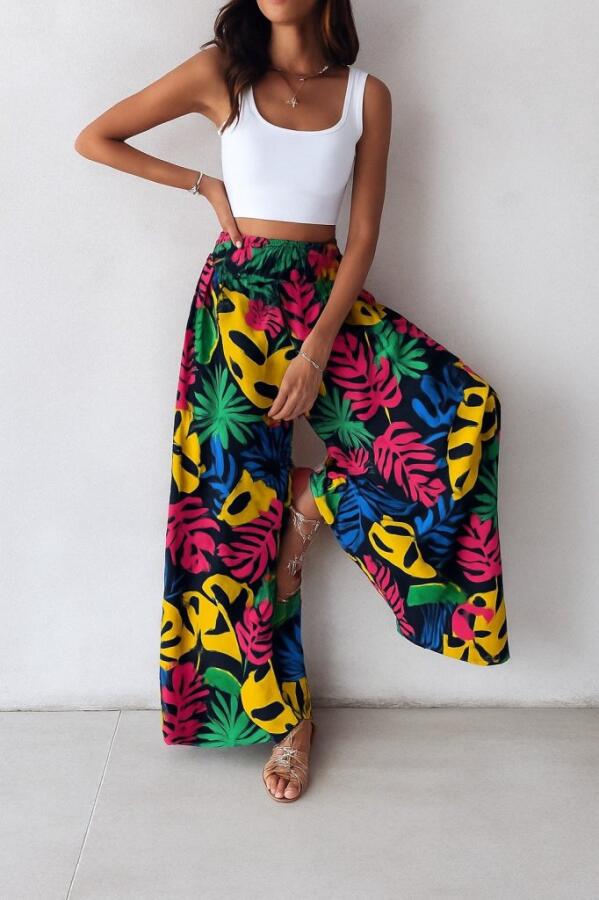 Kadın Yüksek Bel Lastikli Desenli Süprem Pantolon - 1