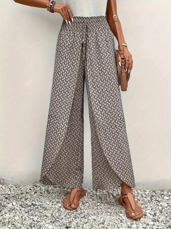 Kadın Yüksek Bel Lastikli önden Iki Parçalı Desenli Bürümcük Pantolon - 2