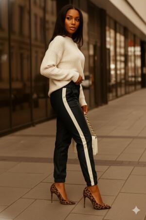 Kadın Yüksek Bel Lastikli Yan şerit Detaylı Deri Pantolon - 3