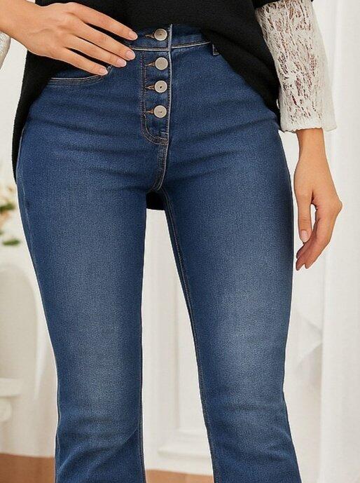 Kadın Yüksek Bel önden Düğmeli Cep Detay Ispanyol Paça Denim Pantolon - 2