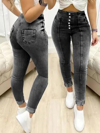 Kadın Yüksek Bel önden Düğmeli Jean Pantolon - 1