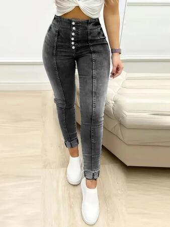 Kadın Yüksek Bel önden Düğmeli Jean Pantolon - 2