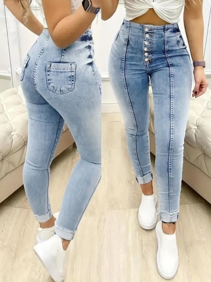 Kadın Yüksek Bel önden Düğmeli Jean Pantolon - 1