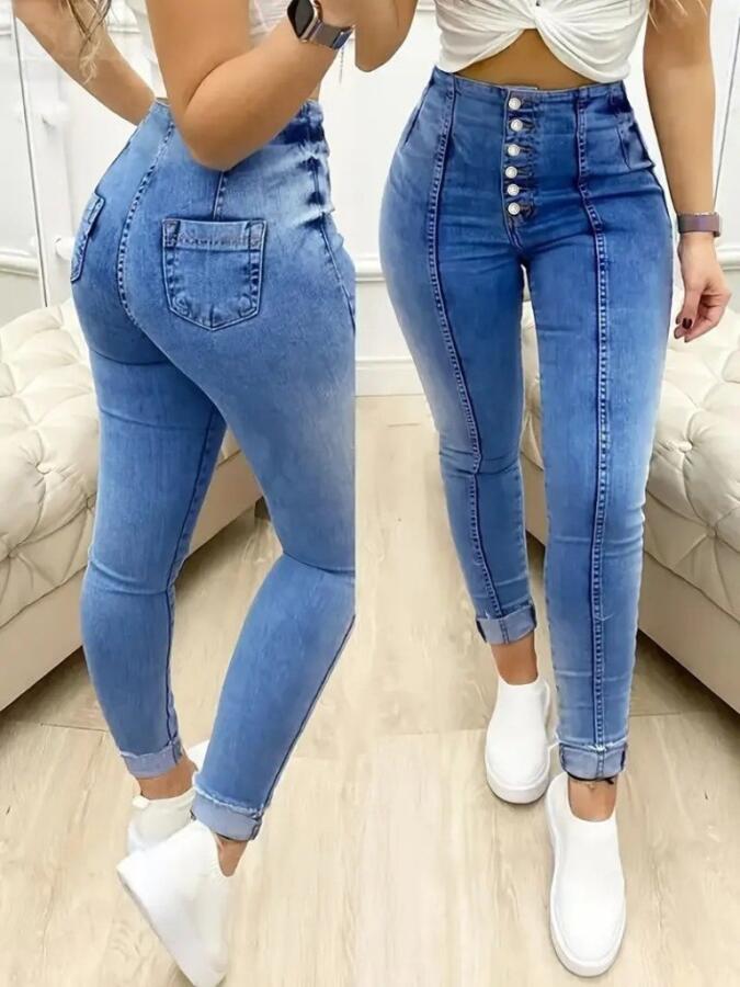 Kadın Yüksek Bel önden Düğmeli Jean Pantolon - 1