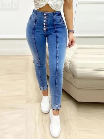 Kadın Yüksek Bel önden Düğmeli Jean Pantolon - 2