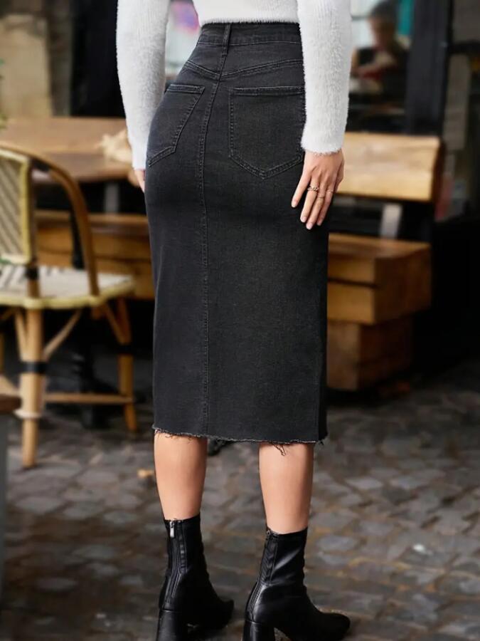 Kadın Yüksek Bel önden Yırtmaçlı Cepli Midi Kot Etek - 2