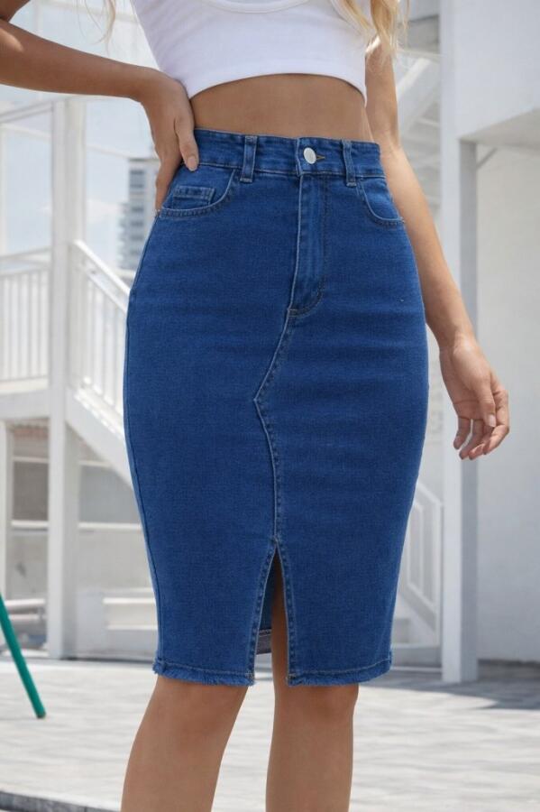 Kadın Yüksek Bel önden Yırtmaçlı Kısa Kot Etek - 1