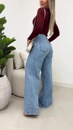 Kadın Yüksek Bel Paçaya Doğru Geniş Kesimli Kot Pantolon - 7