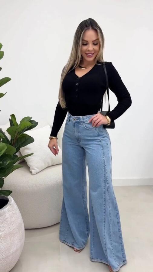 Kadın Yüksek Bel Paçaya Doğru Geniş Kesimli Kot Pantolon - 8