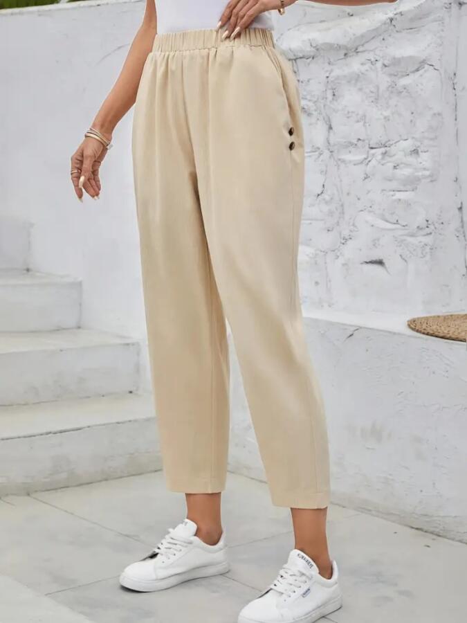 Kadın Yüksek Bel Yandan Cepli Düğme Detaylı Geniş Kesim Ithal Krep Pantolon - 2
