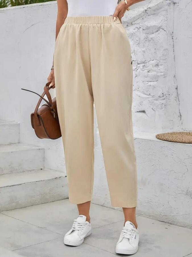 Kadın Yüksek Bel Yandan Cepli Düğme Detaylı Geniş Kesim Ithal Krep Pantolon - 3