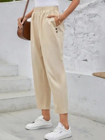 Kadın Yüksek Bel Yandan Cepli Düğme Detaylı Geniş Kesim Ithal Krep Pantolon - 4