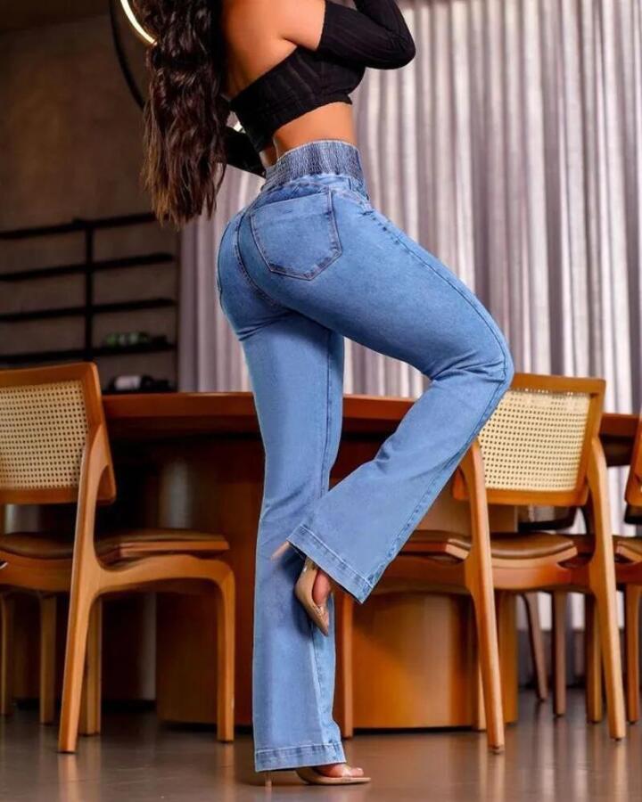 Kadın Yüksek Bel Yanları Lastik önü Düğmeli Kot Pantolon - 2